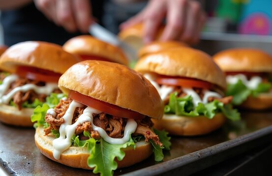 Closeup of several mexican lonches made with shredded pork, lettuce, tomato and sauce on toasted buns. Chef prepares food on griddle in restaurant kitchen. Delicious street food is ready to serve.