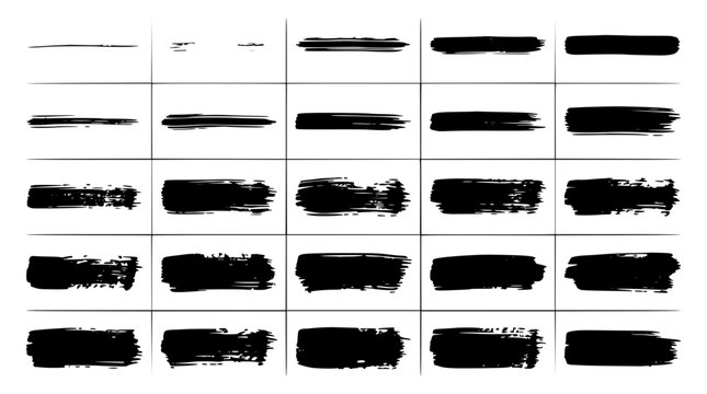 Brush Stroke Set with Black Grunge Paint Lines, Rough Texture Stamps, and Rectangular Swipe Shapes for Design Accents