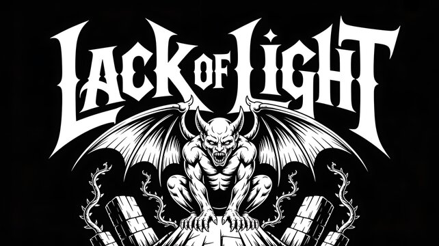 Lack of light text with a winged gargoyle demon creature, dark fantasy on black background typography