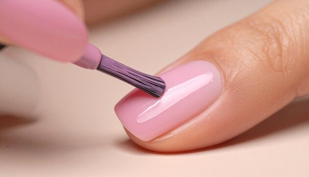Close-up of a woman applying light pink nail polish to her fingernail during a professional manicure session