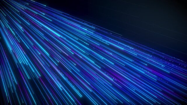Futuristic technology background with glowing blue high Speed Light Streaks internet data lines. Dynamic Flowing Neural Digital trails.