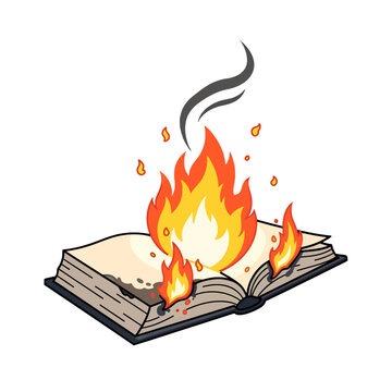 An open book is engulfed in bright orange flames against a white background