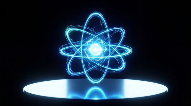 Glowing blue atomic model with interconnected orbital paths and nucleus floating above a bright circular platform on a black background