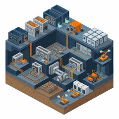 Fototapeta premium Isometric industrial factory complex with robotic automation and logistics systems.