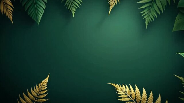 Elegant tropical background with gold and green fern leaves on dark emerald
