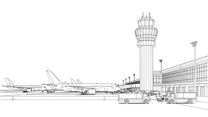 2D AutoCAD Vector illustration of airplanes parked at airport terminal with control tower © Stock Image Paradise