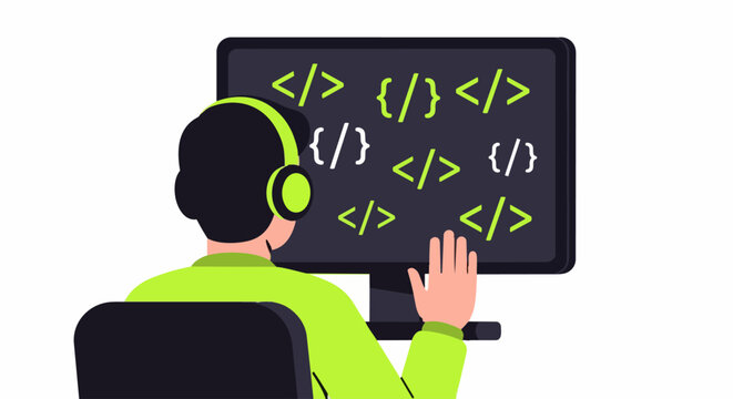 Software Developer Coding at Computer Monitor with Headphones, Flat Vector Illustration of Programmer at Work with Code Symbols on Screen, IT Technology Concept