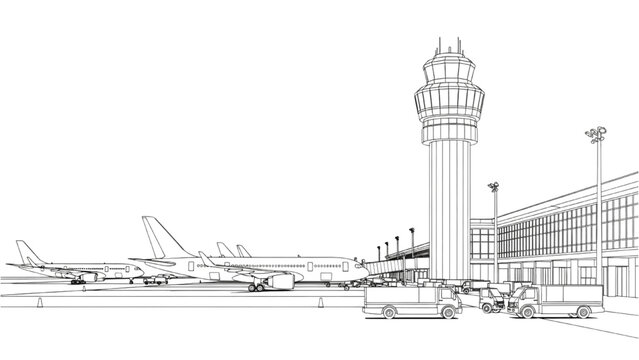 2D AutoCAD Vector illustration of airplanes parked at airport terminal with control tower