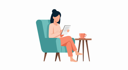 Fototapeta premium Woman Relaxing in Armchair Reading E-book on Tablet Vector Illustration