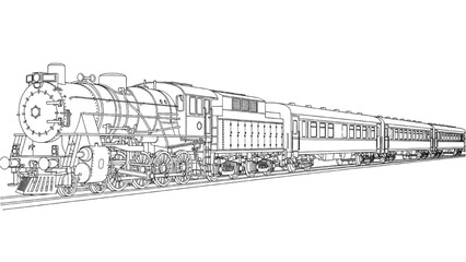 A 2D AutoCAD vector illustration of a vintage steam locomotive train on tracks © Stock Image Paradise