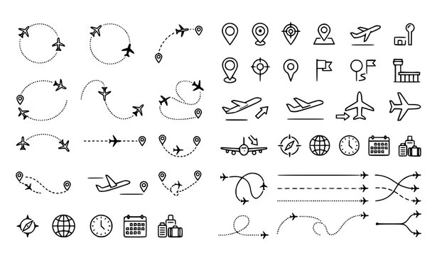 Flight Route Airplane Navigation Icons Vector Illustration Bundle