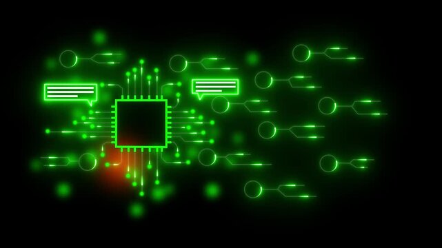 Futuristic circuit board with glowing green lines and data transfer icons technology. Futuristic technology circuits with AI driven processing. Data transfer and cyber communication.