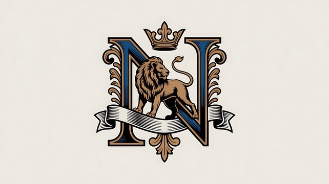 Letter n monogram featuring a regal lion standing inside the letter with ornate filigree and a ribbon banner below