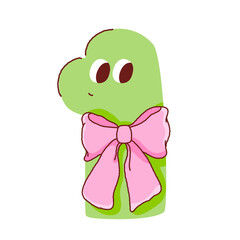 Cute green long neck dinosaur with a big pink bow, hand-drawn vector illustration. © Nattapol