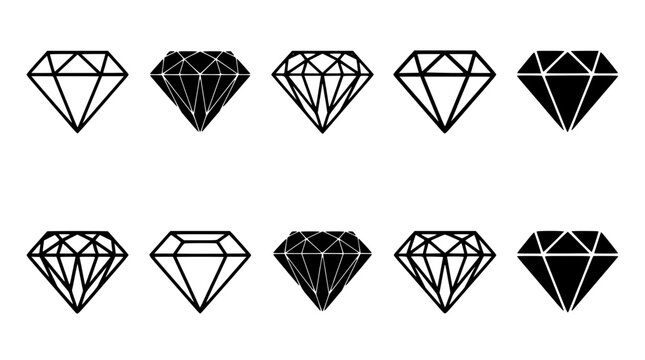 Diamond Icons Set with Geometric Faceted Shapes in Black and White Vector Style for Design and Ui Use