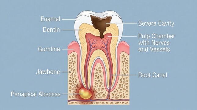 Diagram showing severe tooth decay and dental abscess infection