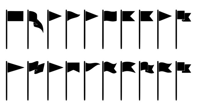 Flags Set with Black Shapes on White Background in Flowing Vector Strokes for Ui Icons and Design Accents