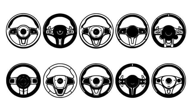 Robotic Face Icon Set with Circular Badges, Black and White Outlines, and Stylized Goggles and Helmets