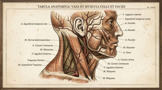 Vintage Anatomy Diagram of Human Head and Neck Vascularity