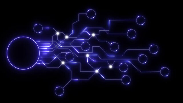 Glowing Purple Circuit Board Network on Black Background technology digital. Circuit board with glowing purple neon lines showing digital network connectivity and futuristic technology concept.