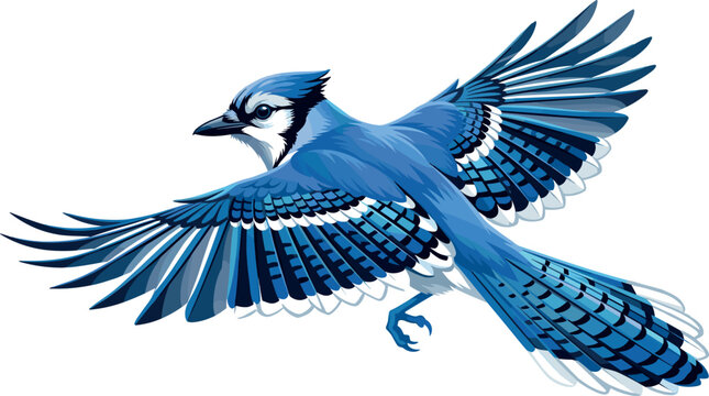 Beautiful blue jay bird flying vector illustration isolated on white background detailed avian wildlife graphic for nature design projects
