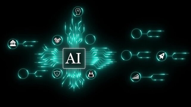 Futuristic A I technology circuit board with glowing neon lines and icons representing innovation intelligence and data processing with a rocket symbolizing growth and progress on a dark background