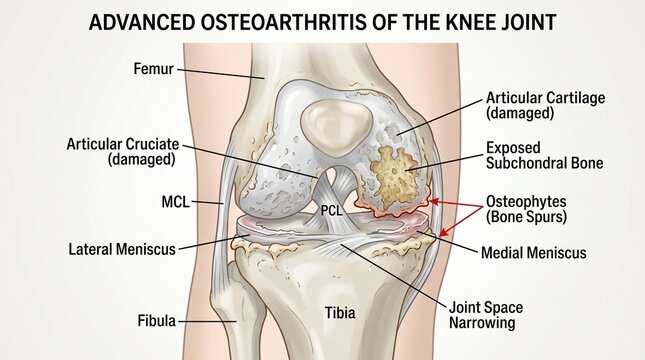Advanced knee osteoarthritis diagram showing joint damage and bone spurs