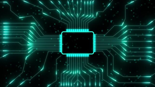 Glowing circuit board with central processor and data flow technology chip.Futuristic technology system and AI data concept. Abstract computer chip icon animation. Technology icon.