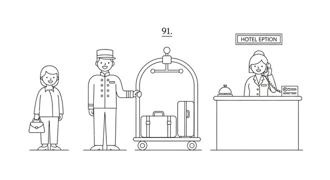 Hotel Receptionist Assisting Guest with Luggage and Bellboy