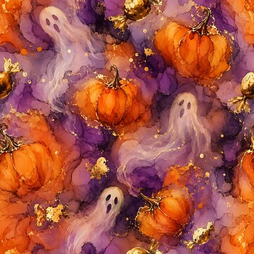 Halloween seamless pattern with spooky ghosts, orange pumpkins and gold candies, alcohol ink abstract background