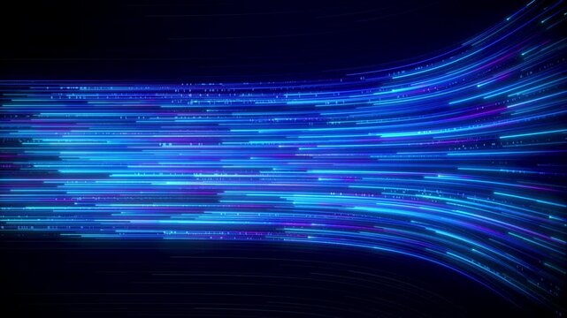 Futuristic technology background with glowing blue high Speed Light Streaks internet data lines. Dynamic Flowing Neural Digital trails.