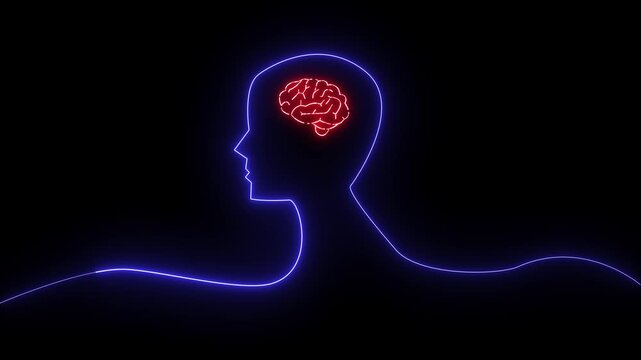 Glowing neon human head silhouette with vibrant red brain. Neon brain and head symbolize mind and thought. Digital design reflects intelligence and creativity.