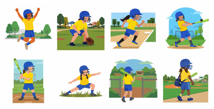 Set of flat vector illustrations featuring a young girl baseball player in various poses including batting, running, catching, and celebrating on the field.