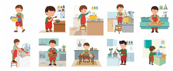 Fototapeta premium Little boy character cooking and preparing healthy meals in the kitchen, collection of vector illustrations showing a child learning culinary skills and eating vegetables.