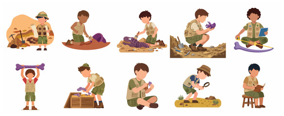 Collection of young boys as archaeologists and paleontologists digging and studying dinosaur fossils in a flat cartoon style. © Rendy
