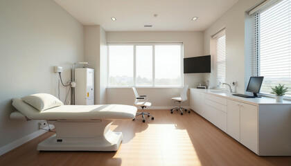 Fototapeta premium Modern medical examination room with comfortable white treatment table. Large window provides natural light, bright clinic interior. Two chairs and desk with computer, sink. Clean, hi-tech heal space.