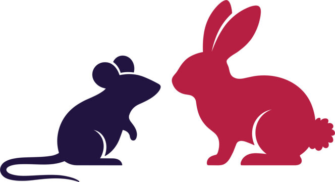 Mouse and rabbit silhouettes facing each other flat vector illustrationMouse and rabbit silhouettes facing each other flat vector illustration