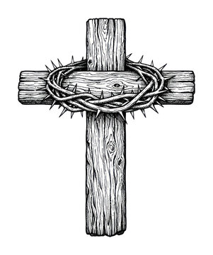 PNG Wooden cross with thorn crown.