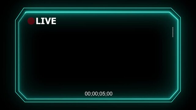 High-tech live stream overlay with luminous neon borders, a vibrant red recording icon, and interactive digital interface details, emphasizing dynamic, professional streaming design.