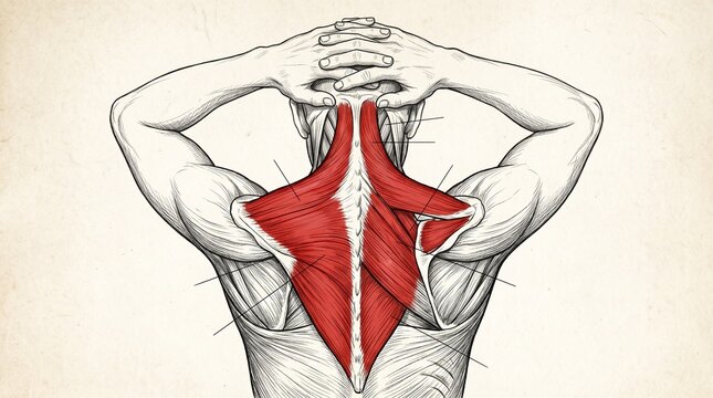 Anatomical illustration of trapezius muscle during neck flexion stretch