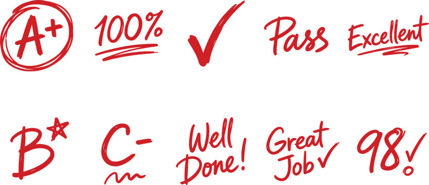 Red Marker Hand Drawn Exam Grade and Teacher Written Remark Element Set for School Academic Test Grading and Student Feedback Designs