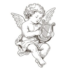 Naklejka premium Vintage engraving style illustration of a praying cherub angel playing the lyre. Isolated on white background. For decor, stickers, posters, textile. 