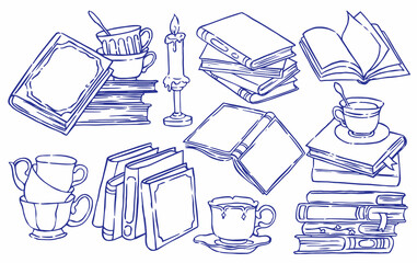 Books and a cup of tea. Cozy reading. Sketch illustration in vintage style. © Tatiana
