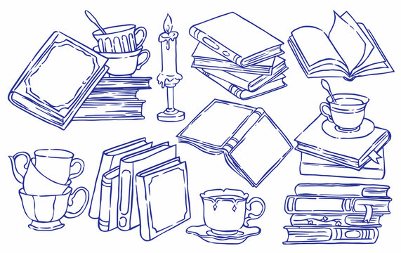 Books and a cup of tea. Cozy reading. Sketch illustration in vintage style.