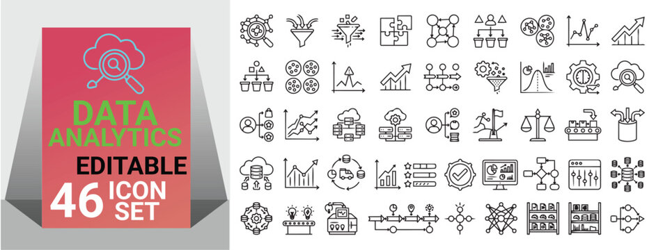 Data analytics icons set with business metrics line graph bar chart cloud search report dashboard workflow and editable line art vector elements