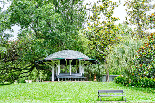 Gazebo, Benches and Trees in Audubon Park, a public park in Uptown New Orleans, LA, USA