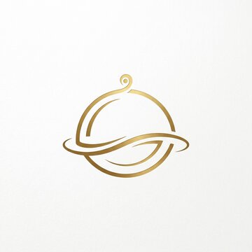 Elegant abstract restaurant logo icon in gold texture featuring a minimalist food platter cloche dome, generative AI illustration isolated on textured white background