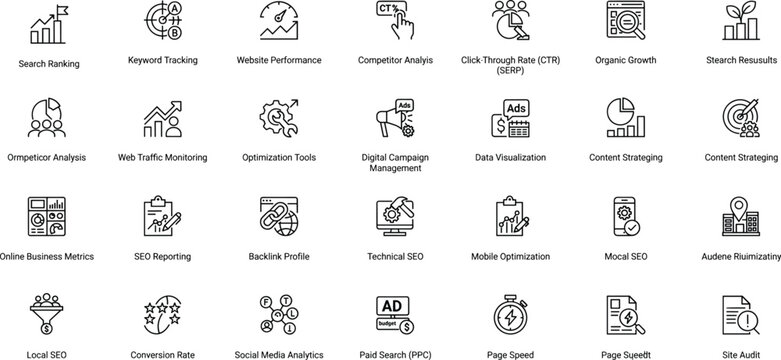 SEO marketing icons, keyword tracking, website performance, competitor analysis, organic growth, backlink profile, technical SEO, mobile optimization, local SEO, conversion rate