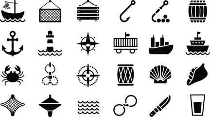Nautical icon set, fishing boats anchors lighthouses ropes shells and maritime symbols for coastal navigation themes © Mr. Kha
