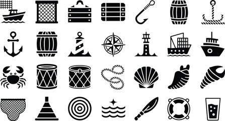 Maritime icon set, nautical equipment fishing tools anchors waves and sea symbols for marine projects worldwide © Mr. Kha